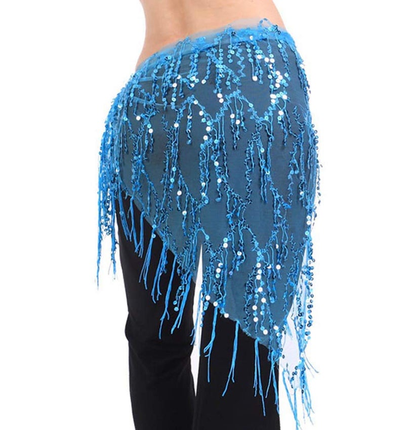 Lauthen.S Women Belly Dance Hip Scarf, Sequin Tassels Triangle Tribal Wrap Skirt Waist Chain Blue - Image 1